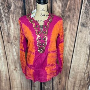 NWT Michael Kors Orange & Pink Chibori Tie Dye Embellished Tunic ( M )